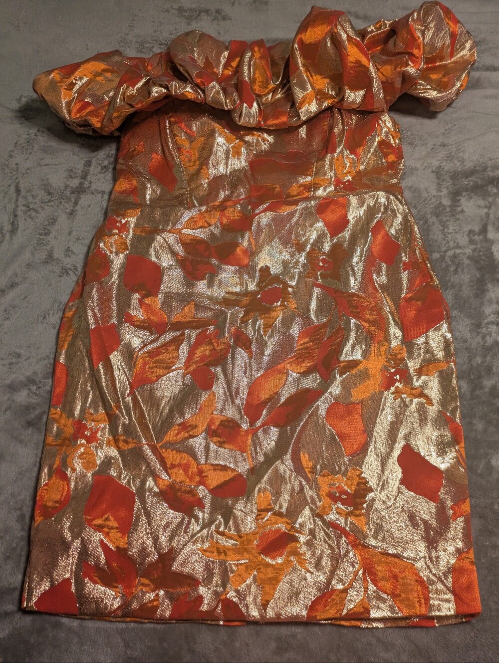 Handmade Metallic Gold Orange Floral Ruffle Puff Sleeve Dress